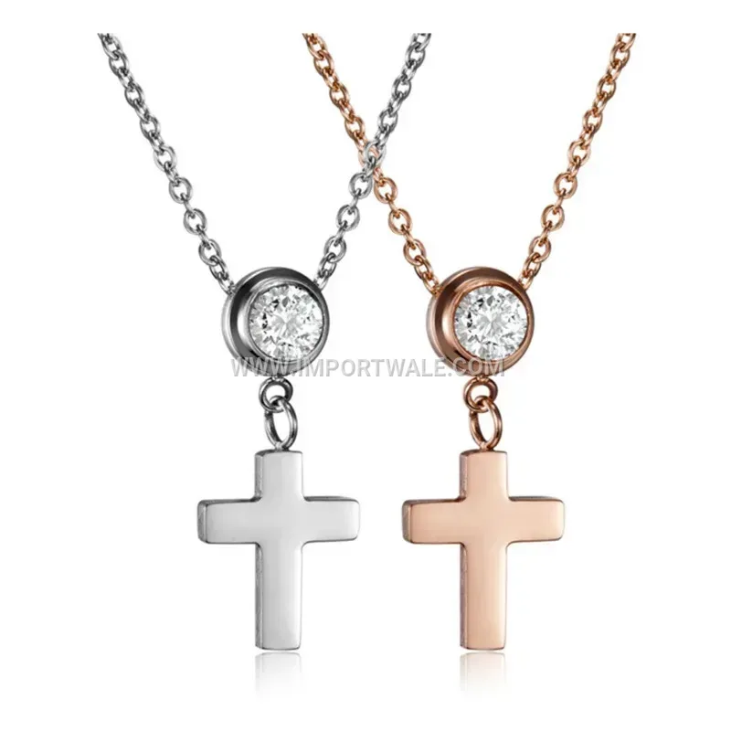 Layered Stainless Steel Cross Pendant Necklace Set with Cubic Zirconia