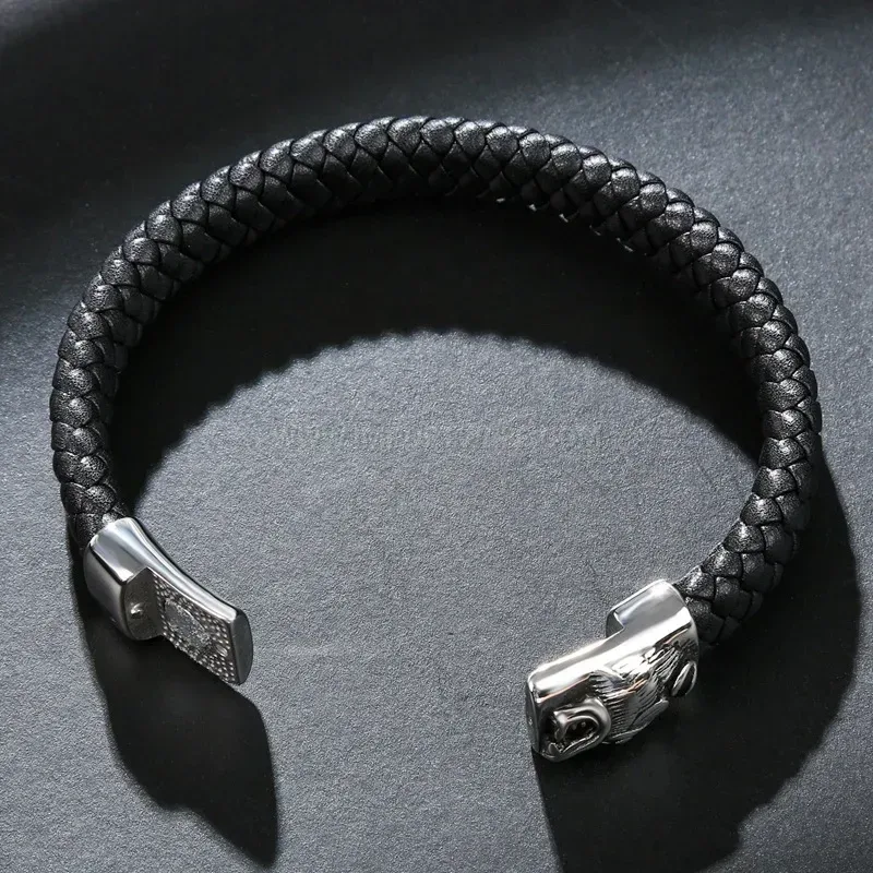 Designer Wolf Head Stainless Steel Handcrafted Leather Men's Bracelet