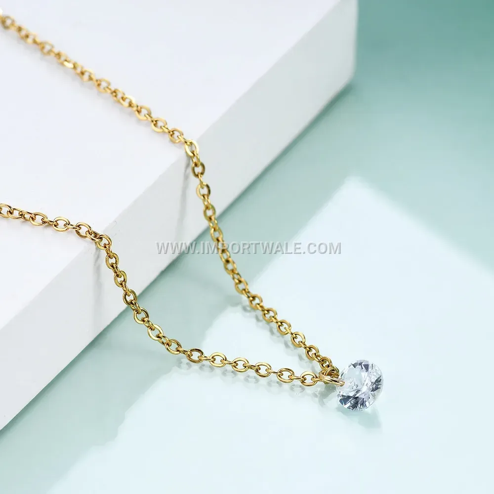 Single Zircon Crystal Stainless Steel Solitaire Necklace