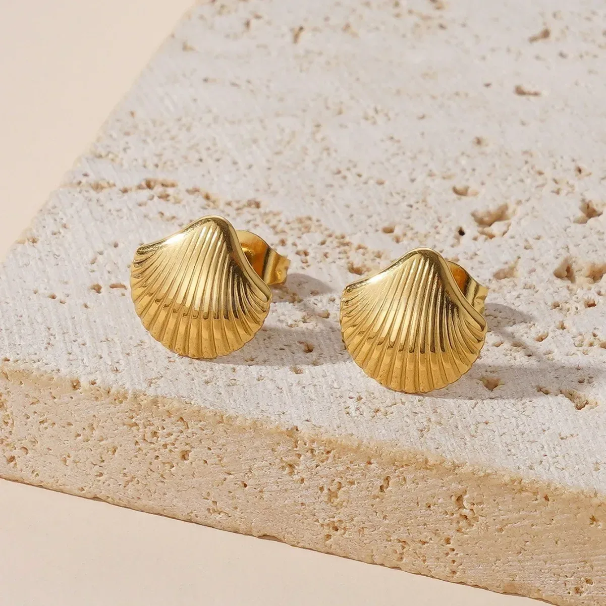 Gold Plated Stainless Steel Striped Shell Earrings
