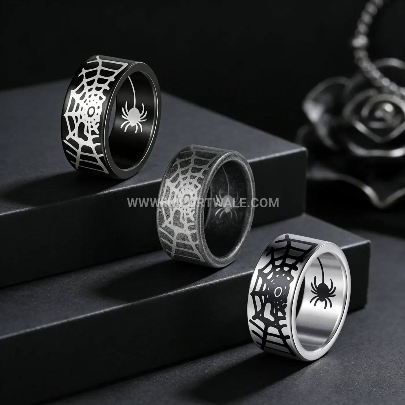 Distressed Stainless Steel Spider Motif Band Ring