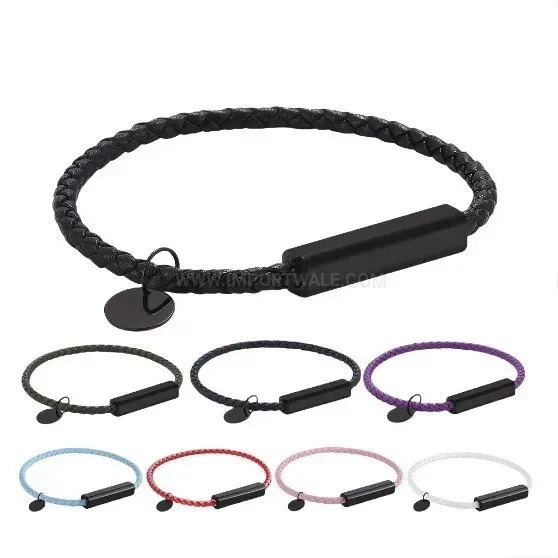 Engravable Black Stainless Steel Braided Leather Couple Bracelet