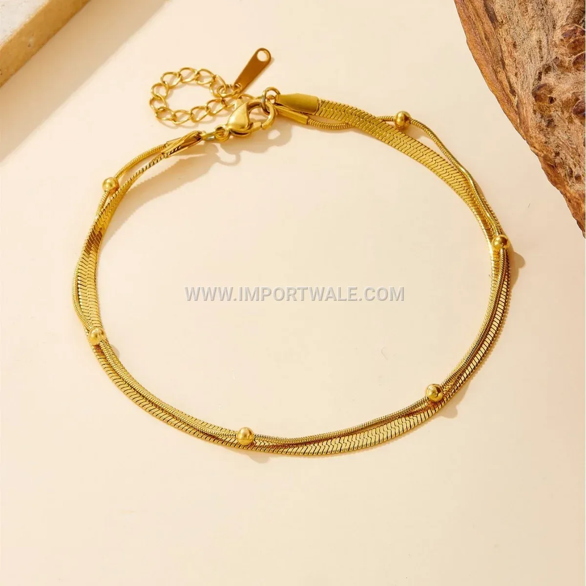 Double Layer Gold Bead and Blade Chain Anklet