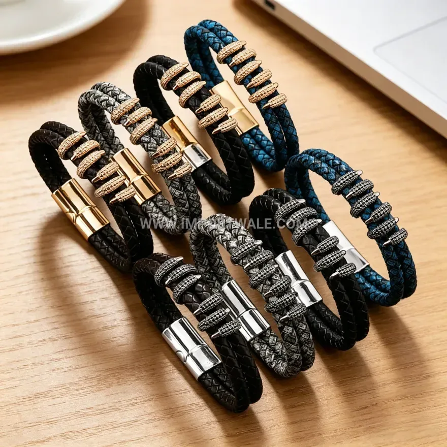 Woven Leather Claw Accent Wristband Bracelet