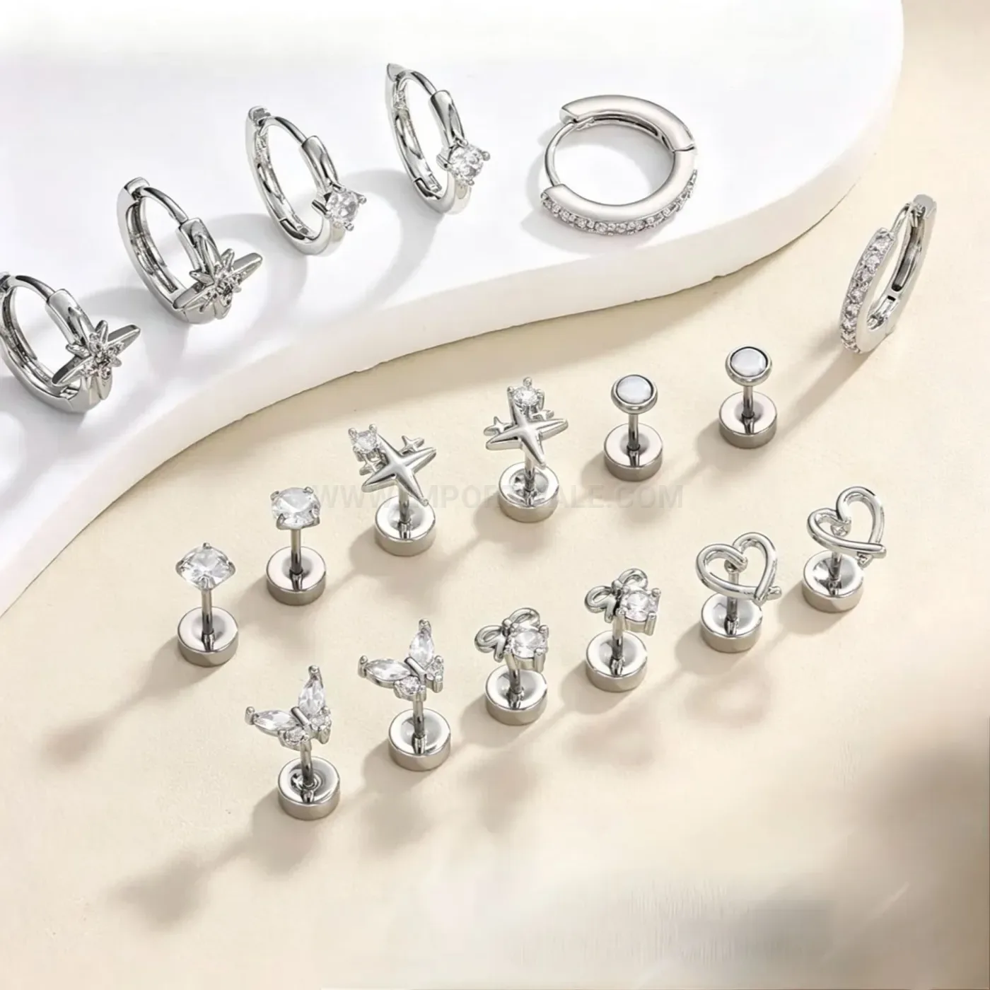 Trendy Stainless Steel Flat Back Stud and Hoop Piercing Earring Set