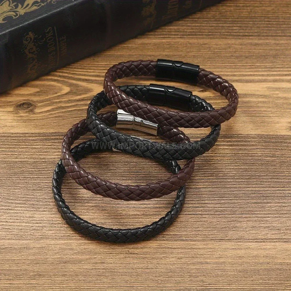 Premium Braided Faux Leather Wristband Bracelet with Metallic Clasp Accent