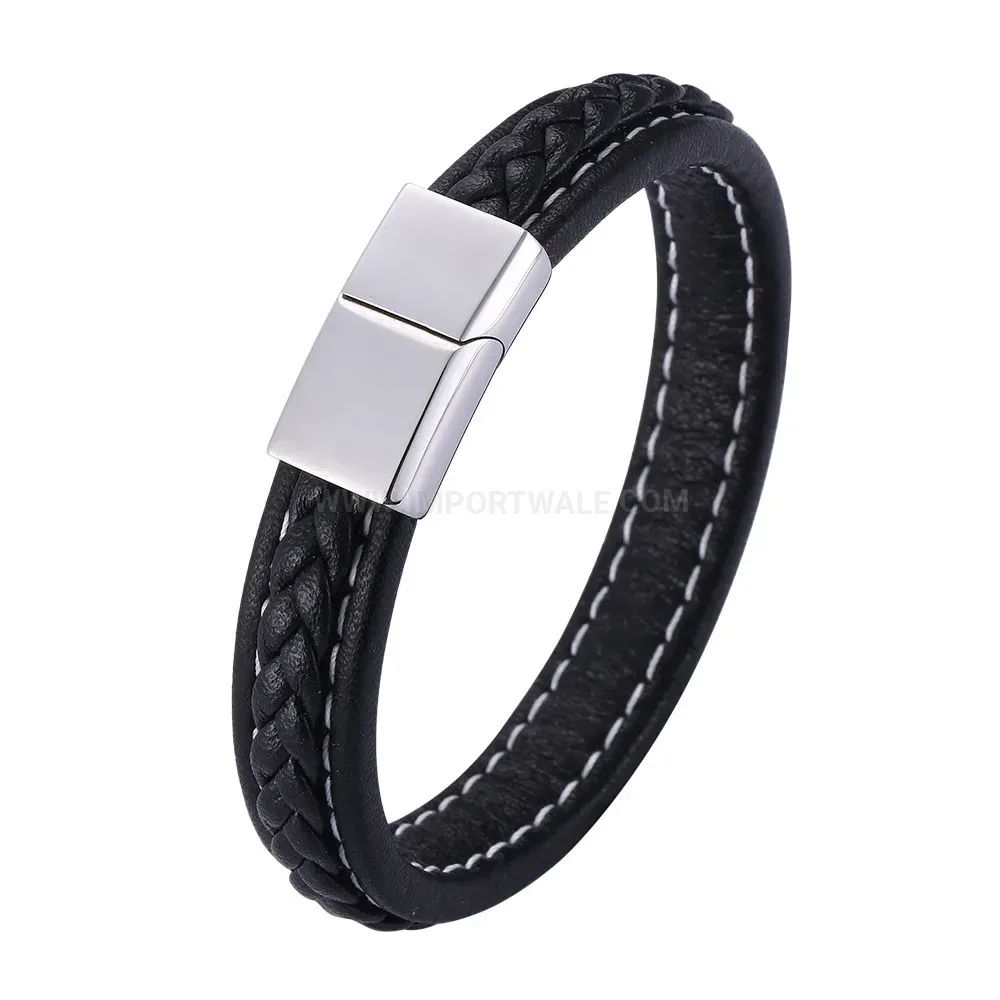 Textured Leather Bangle with Steel Magnetic Suction Clasp