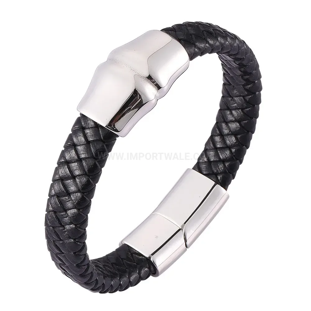 Men's Genuine Leather Bracelet with Stainless Steel Magnetic Clasp