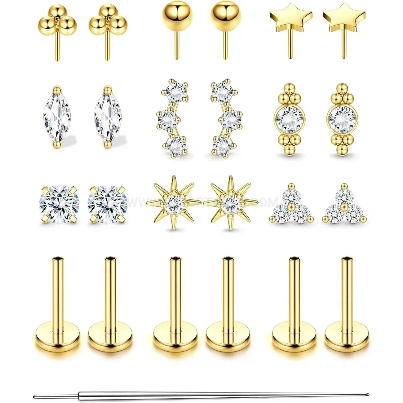 Trendy Crystal Accent Stainless Steel Flat Back Nose and Cartilage Set