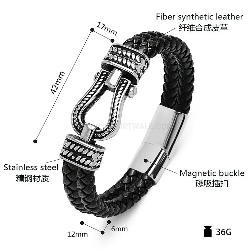 Elegant Dual Color Leather Horseshoe Clasp Stainless Steel Bracelet