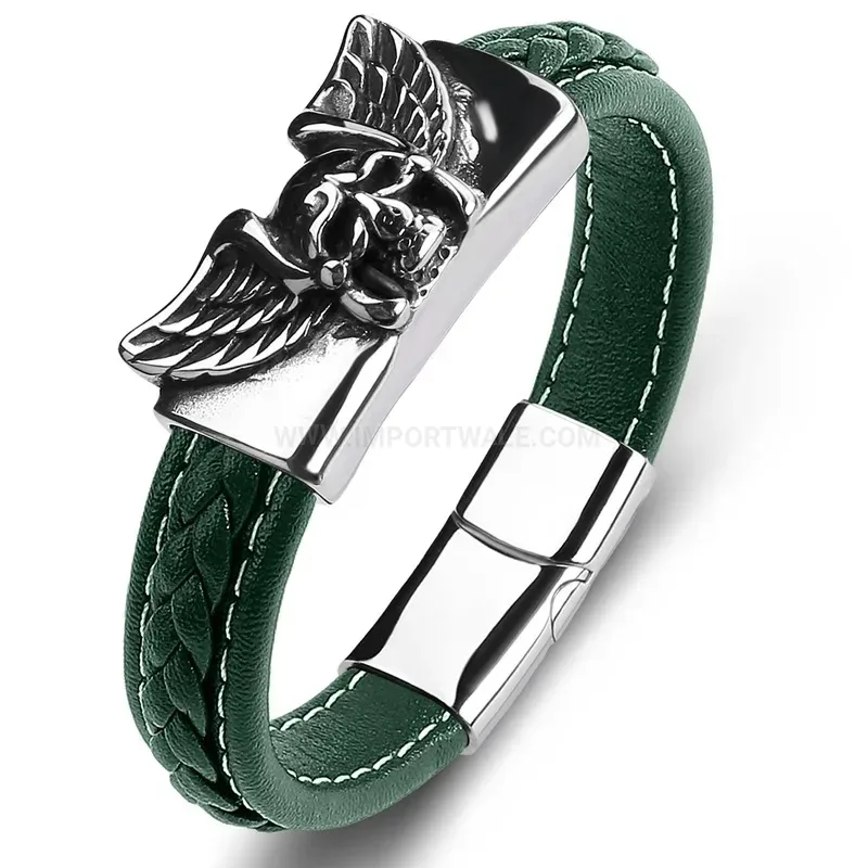 Stylish Gothic Skull Accent Braided Leather Stainless Steel Men Bracelet