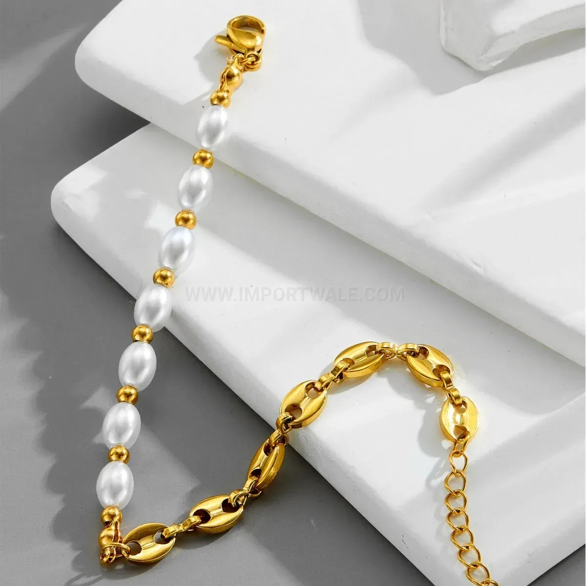 Chic Dainty Titanium Steel Pearl Pig Nose Link Chain Bracelet