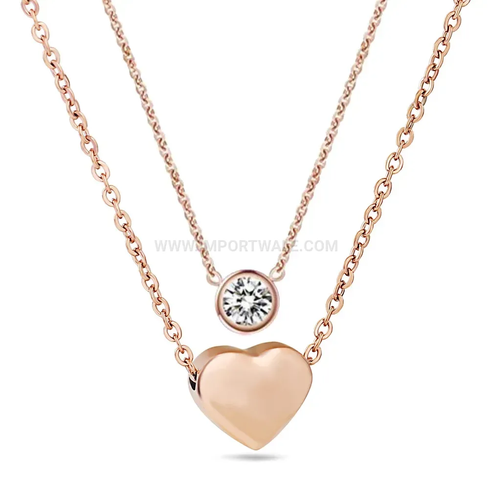 Layered Stainless Steel Beaded Chain Heart Pendant Rhinestone Necklace