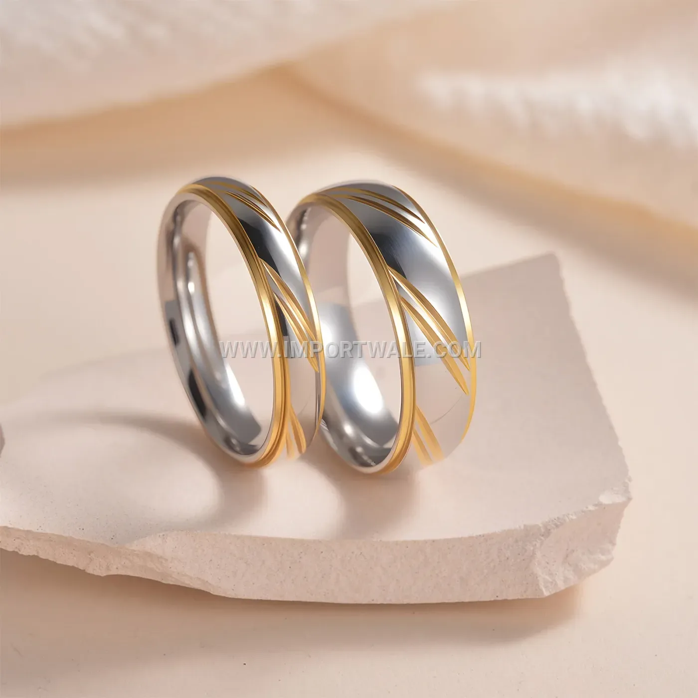 Gold Plated Stainless Steel Diagonal Wave Matching Wedding Band