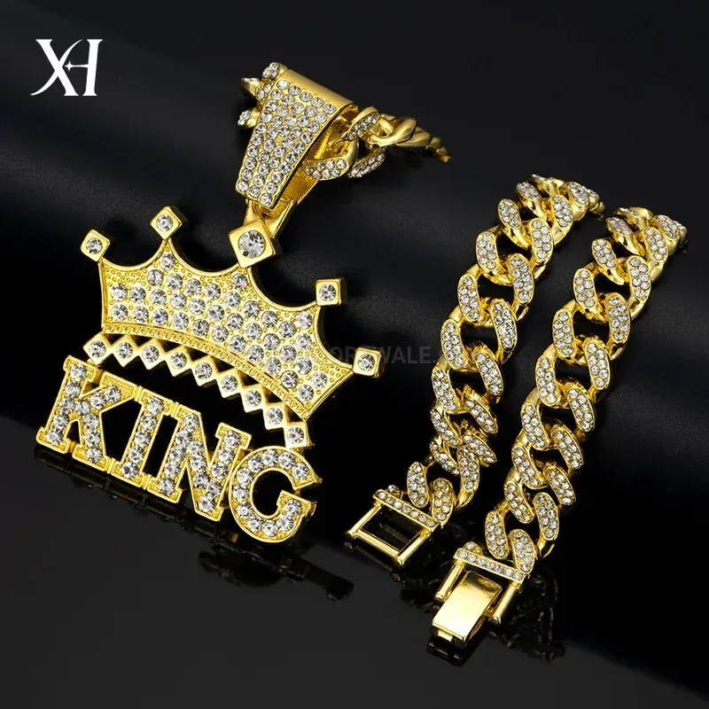 Full Rhinestone King Crown Alloy Hip Hop Pendant Necklace
