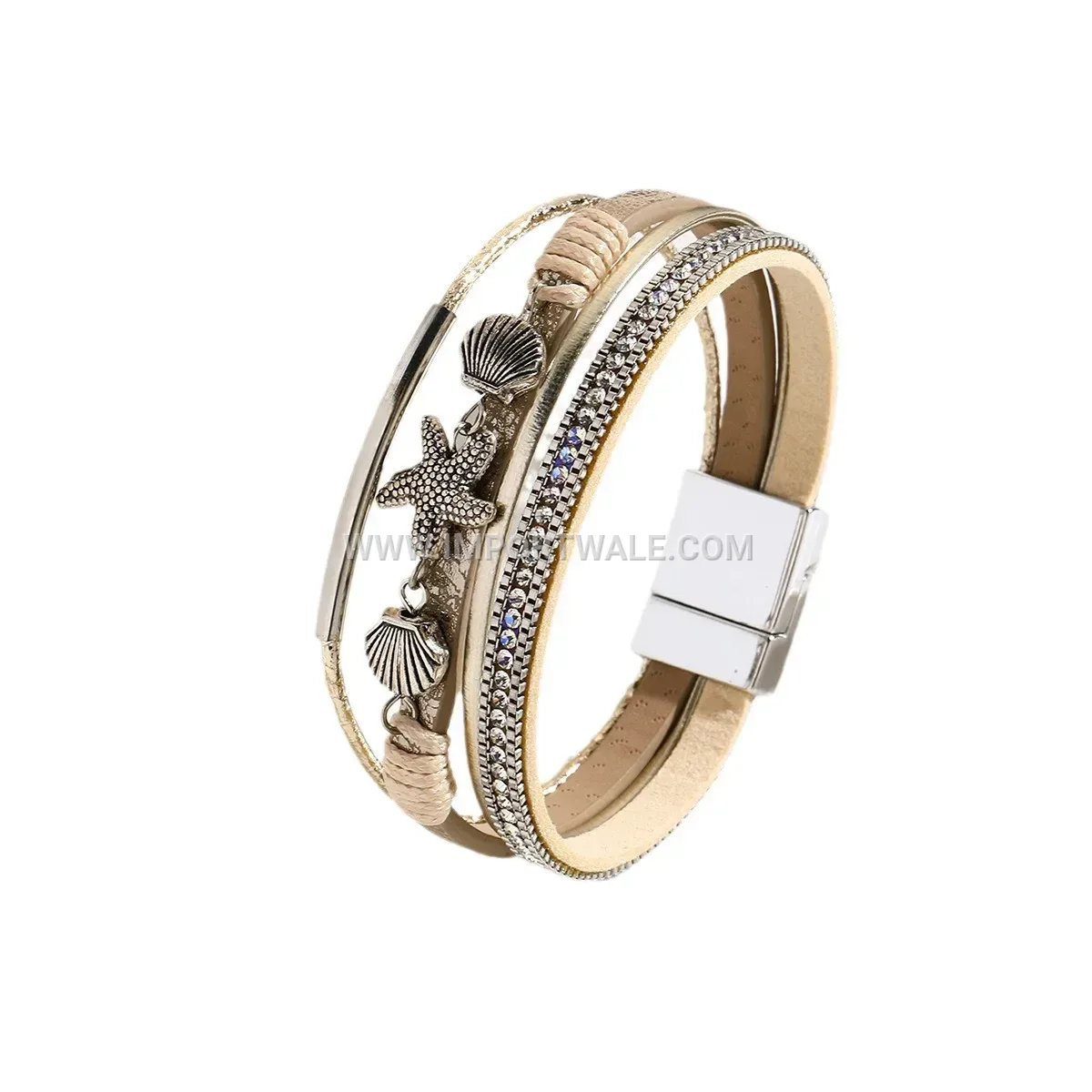 Handcrafted Starfish And Shell Woven Leather Bangle