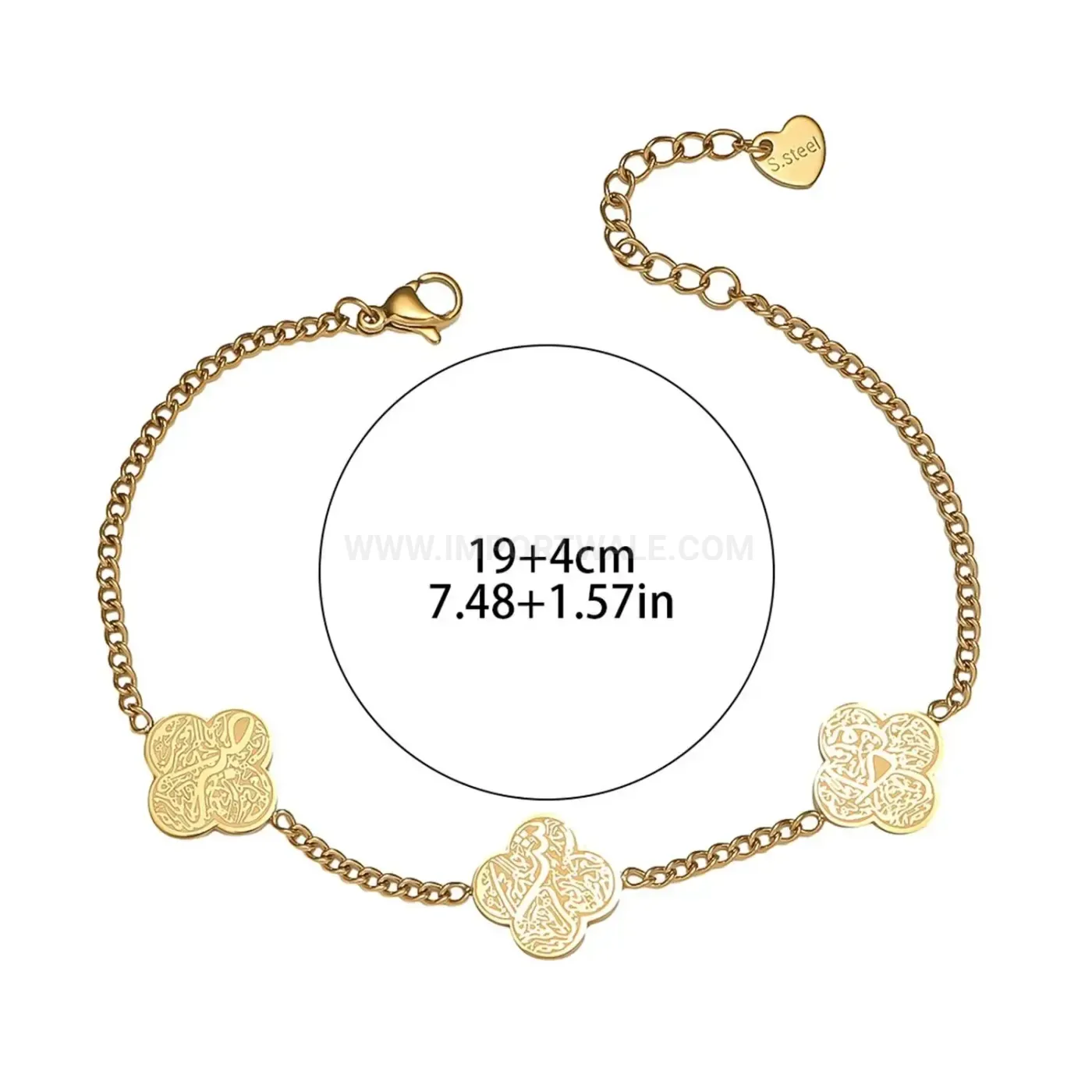 Stainless Steel Islamic Clover Engraved Charm Bracelet