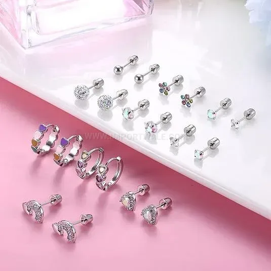 Designer Sparkling Cubic Zirconia Flower Stainless Steel Piercing Stud Set