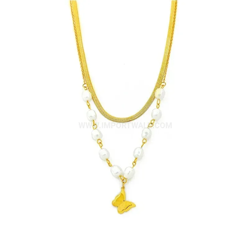 Chic Gold Titanium Steel Layered Pearl Butterfly Pendant Necklace