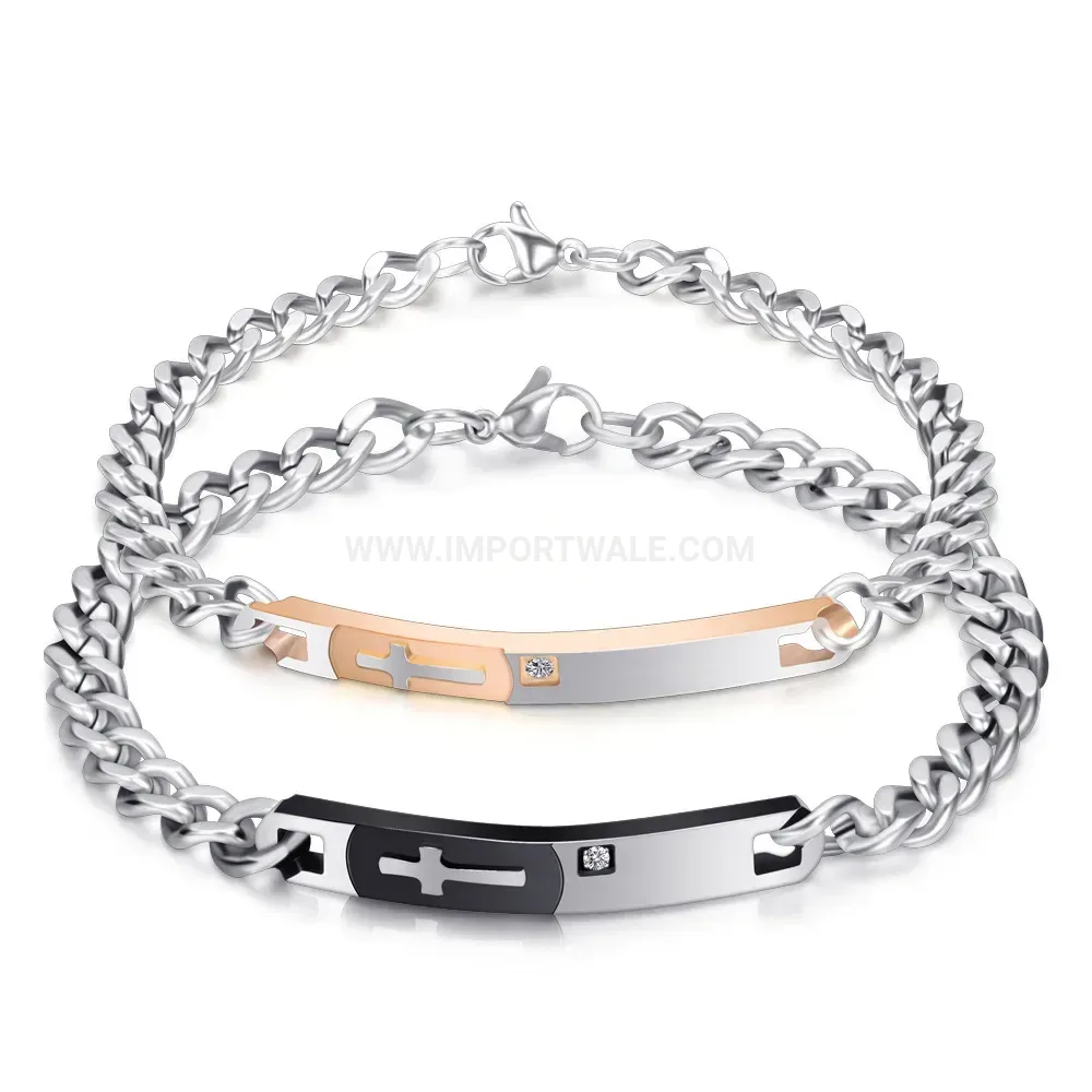 Stainless Steel Cross Pendant Cubic Zirconia Couples Chain Bracelet