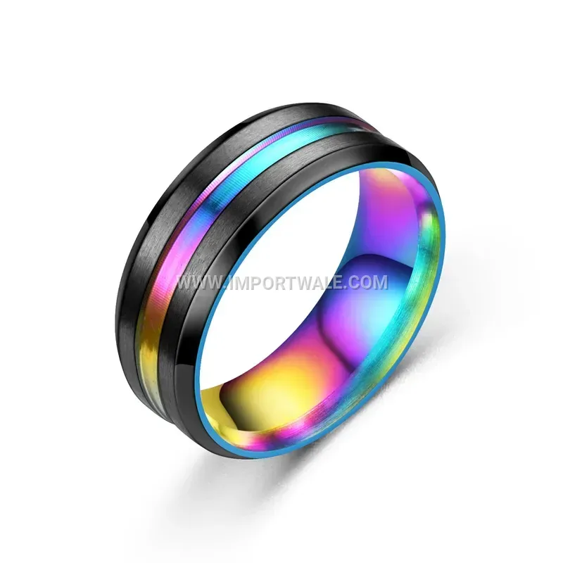 Two Tone Grooved Titanium Steel Band Ring