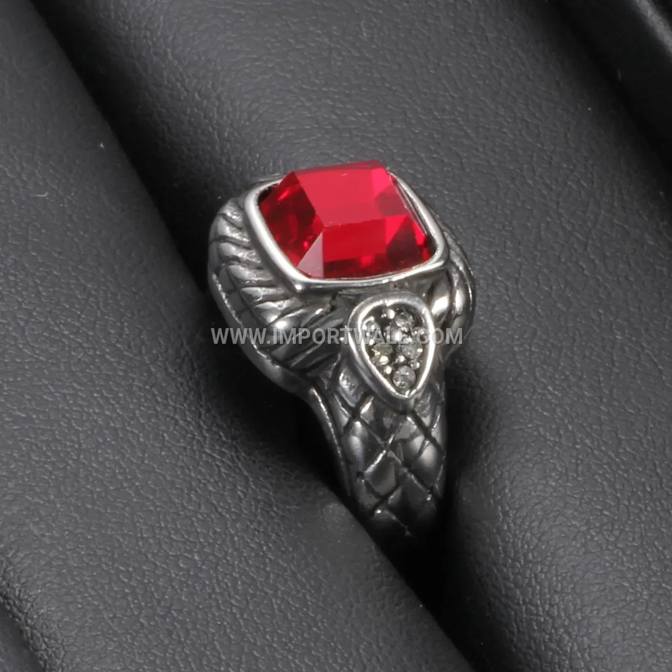 Vintage Snake Texture Stainless Steel Red Glass Ring