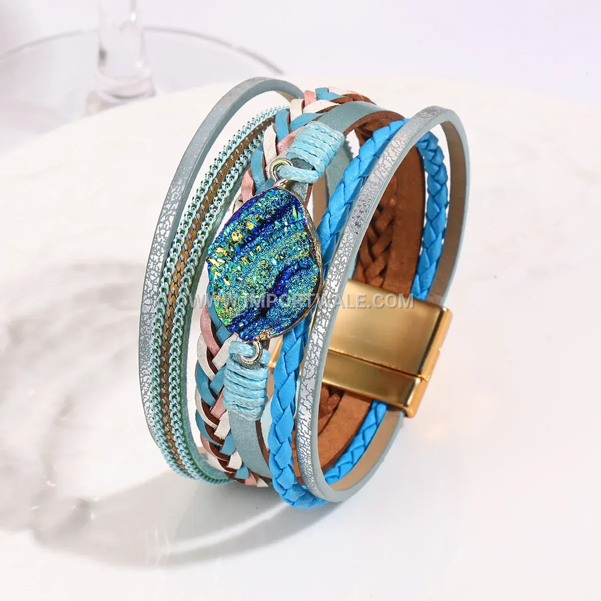 Bohemian Multi-Layer Faux Leather Rhinestone Bracelet with Magnetic Clasp