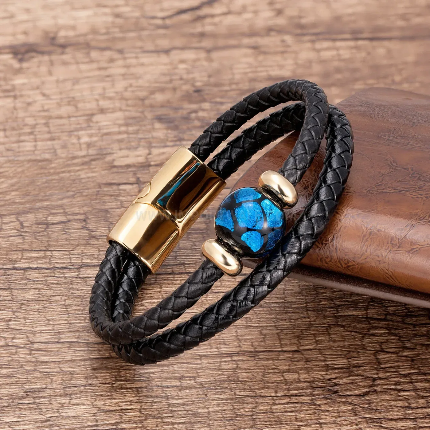 Double Strand Woven Leather Bracelet with Natural Beads and Clasp