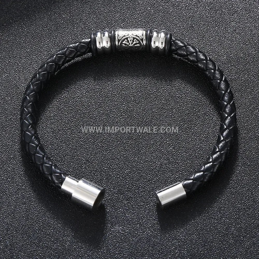 Braided Black Leather Bracelet with Stainless Steel Clasp
