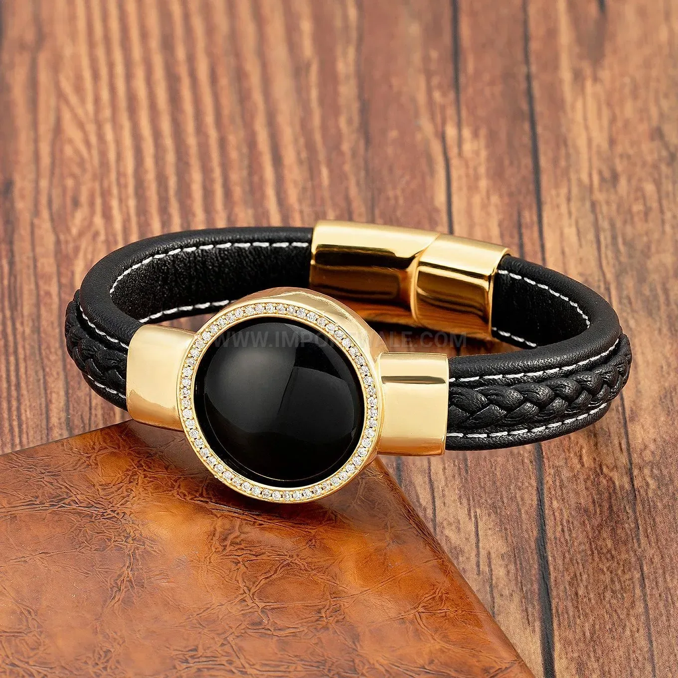 Vintage Leather Stone Bracelet with Zircon Inlay and Stainless Clasp