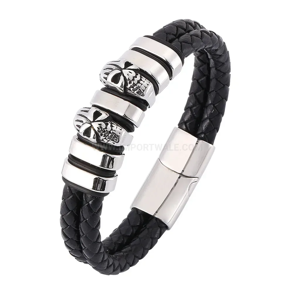 Vintage Punk Skull Stainless Steel Magnetic Clasp Braided Leather Bracelet