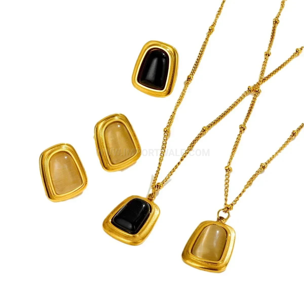 Designer Geometric Cat Eye Stone Titanium Steel Pendant Necklace Set