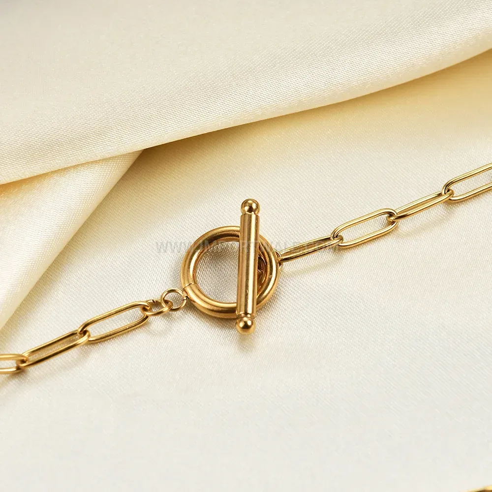 Gold Stainless Steel Safety Pin Pendant Necklace with Toggle Clasp