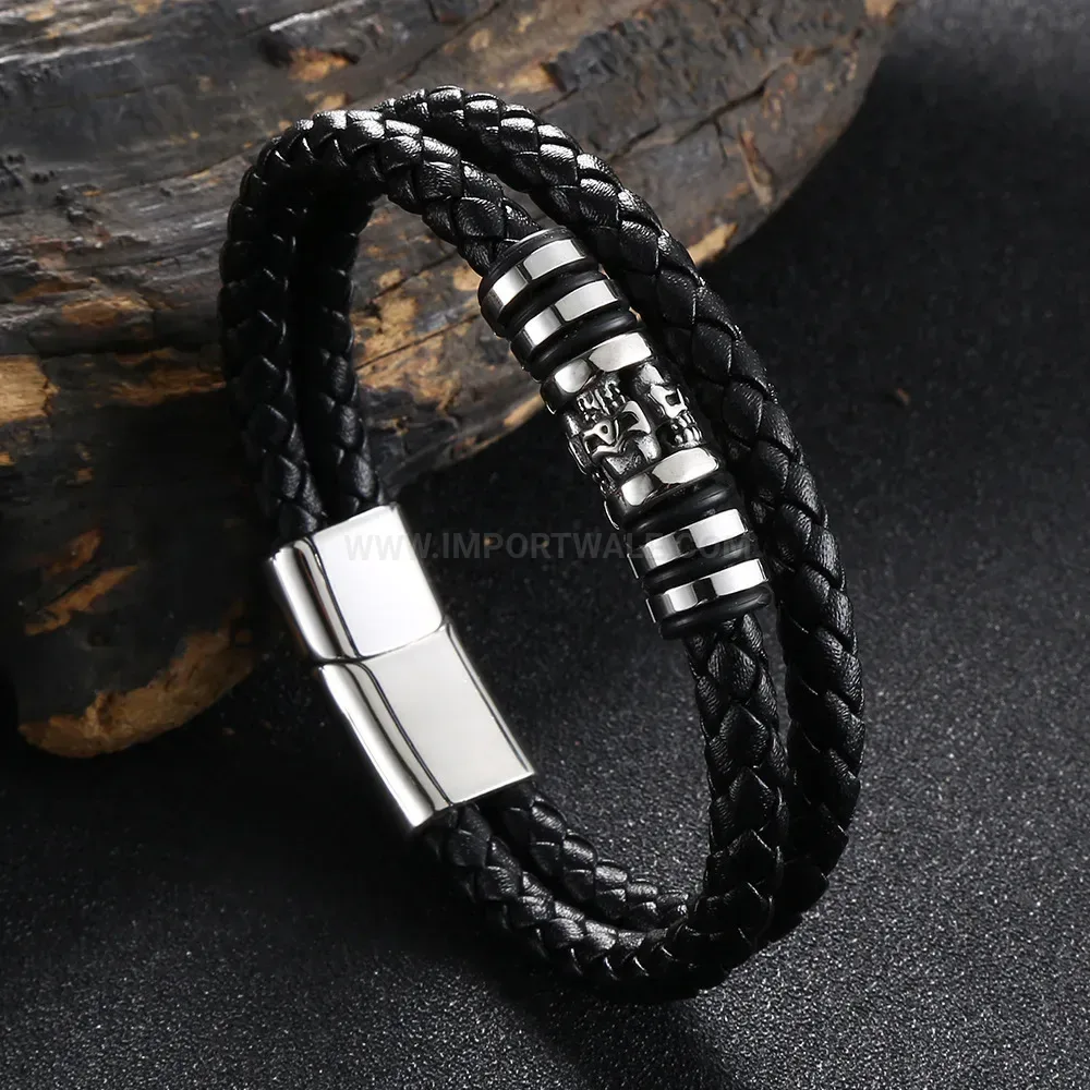 Multi-Strand Braided Leather Magnetic Steel Skull Bracelet