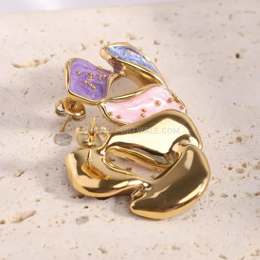 Vintage Enamel 14K Gold Plated Stainless Steel Drop Earrings 29mm