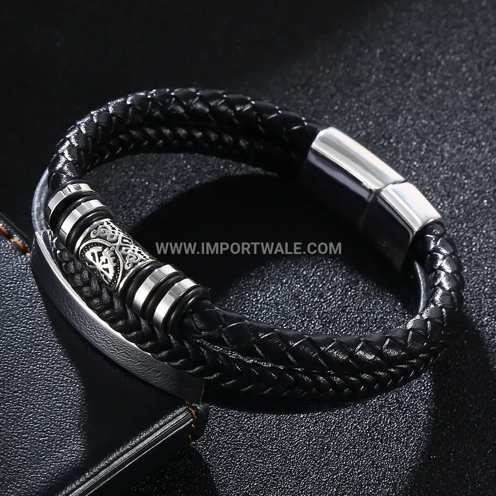 Viking Pattern Multi-Strand Braided Leather Steel Bracelet