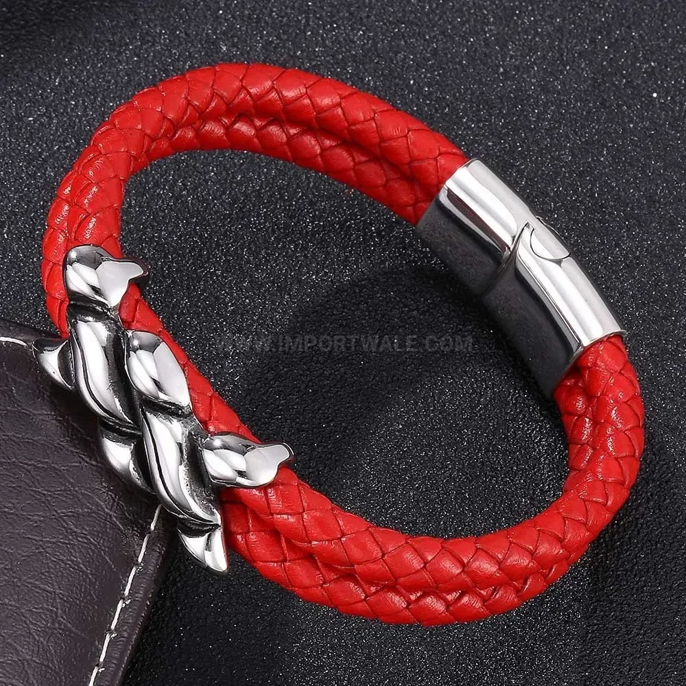 Woven Leather Magnetic Clasp Bracelet with Stainless Steel Detail