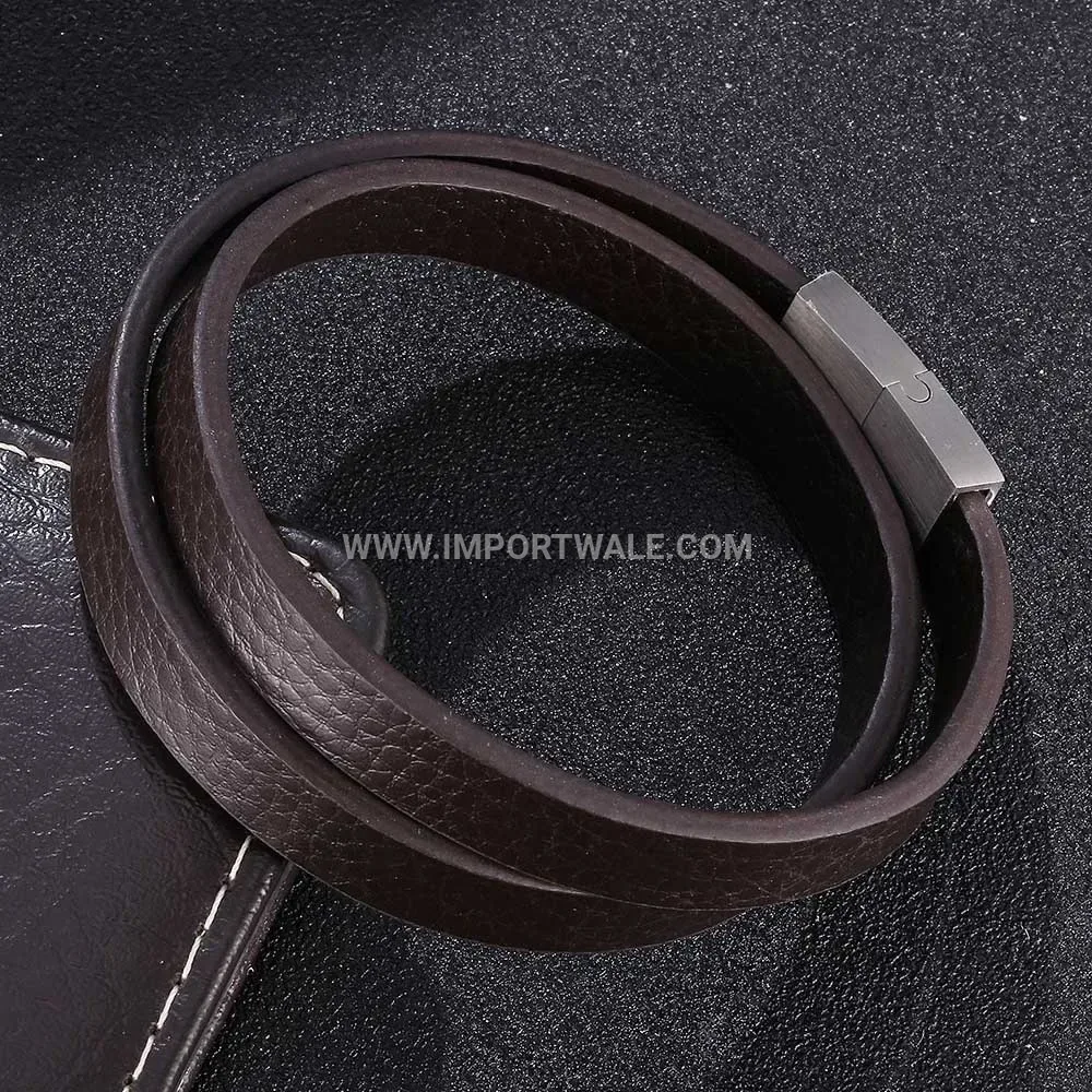 Double Wrap Braided Brown Leather Bracelet Stainless Steel Clasp