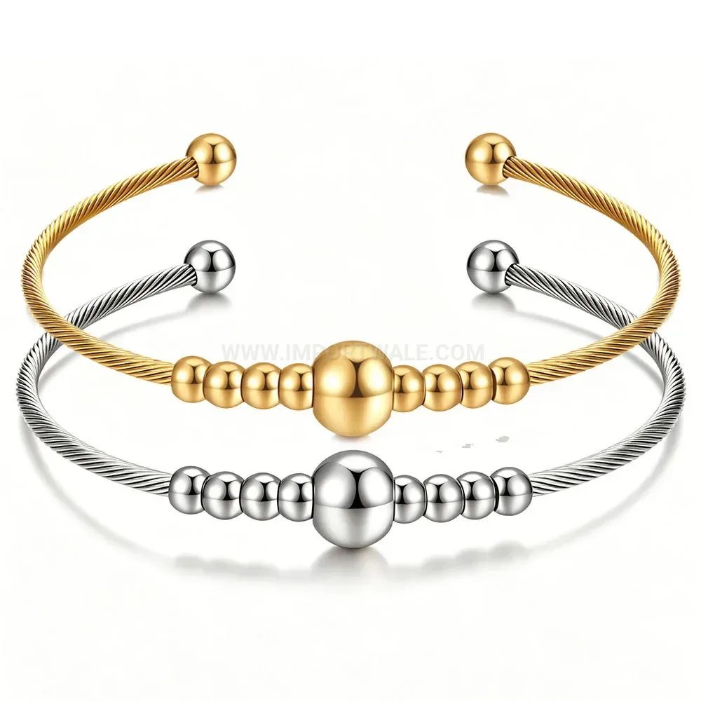 Chic Flexible Stainless Steel Cable Bangle With Symmetrical Round Bead Accents
