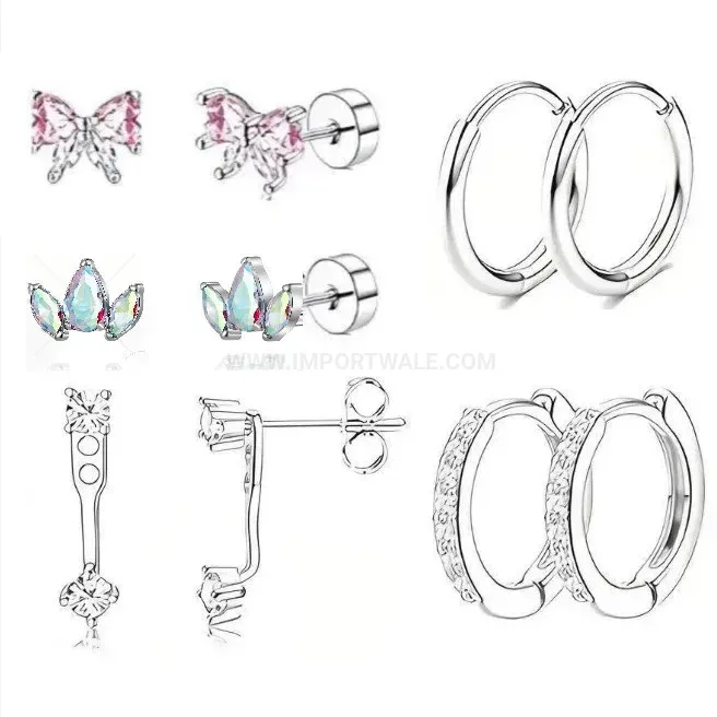 Elegant Pink Floral Cubic Zirconia Flat Back Stainless Steel Earring Set