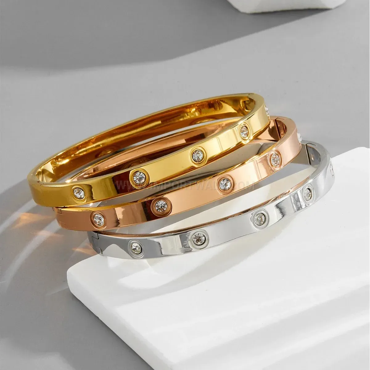 Chic Ten-Stone Titanium Steel Clasp Bangle Bracelet