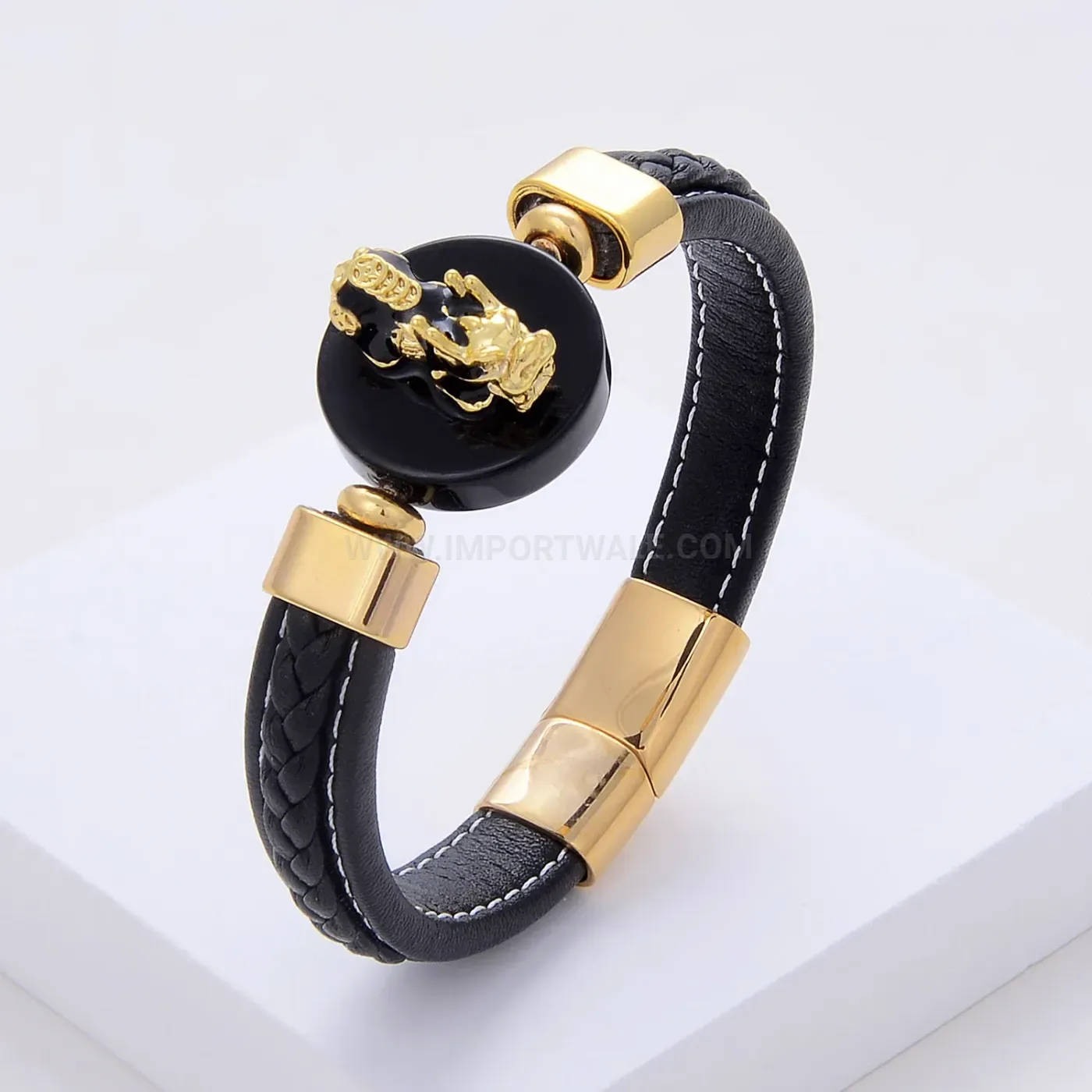 Vintage Braided Leather Pixiu Natural Stone Bracelet With Stainless Steel Clasp