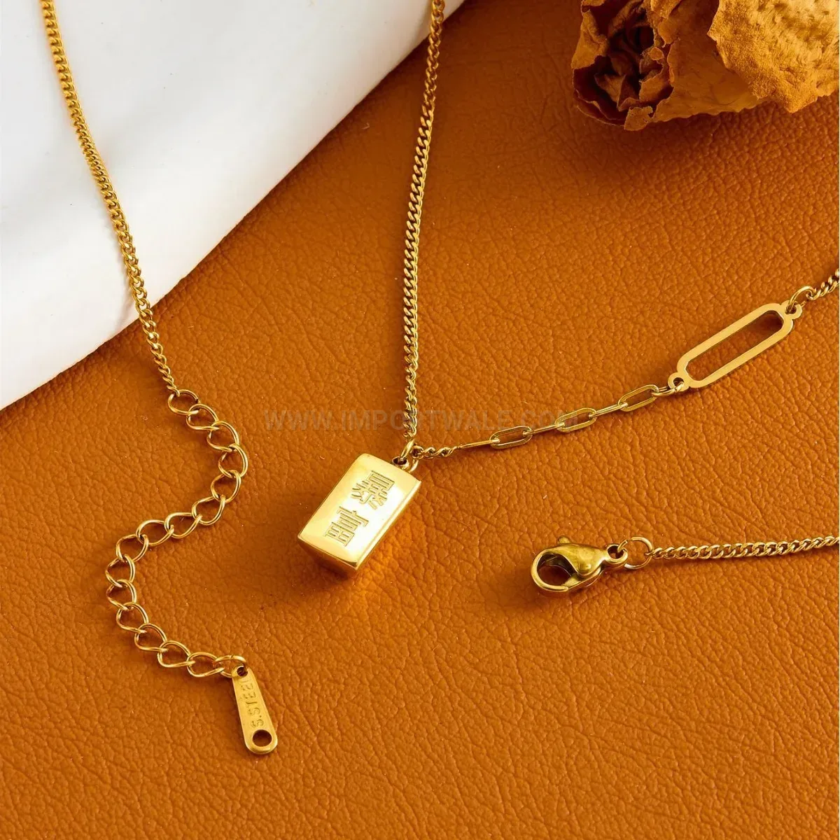 Premium Gold Plated Stainless Steel Bar Pendant Cable Chain Necklace