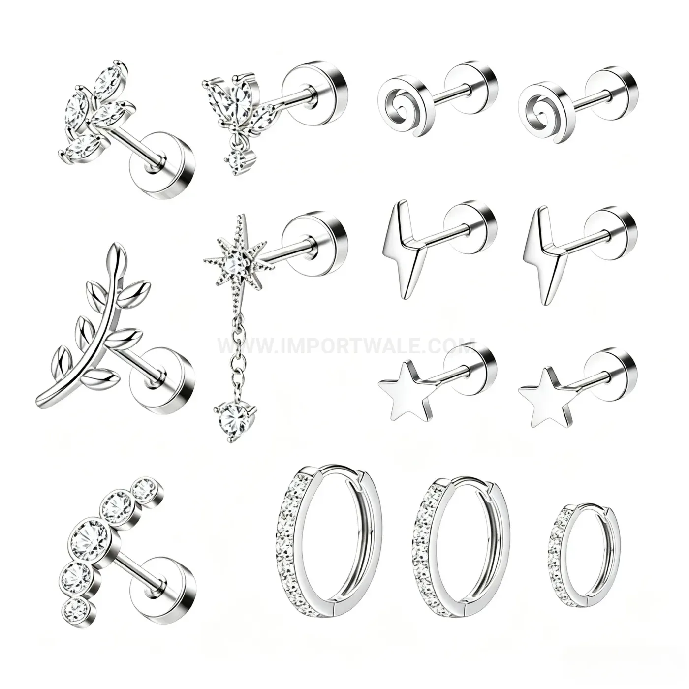Designer Stainless Steel Lightning Stone Threaded Flat Back Ear Piercing Set