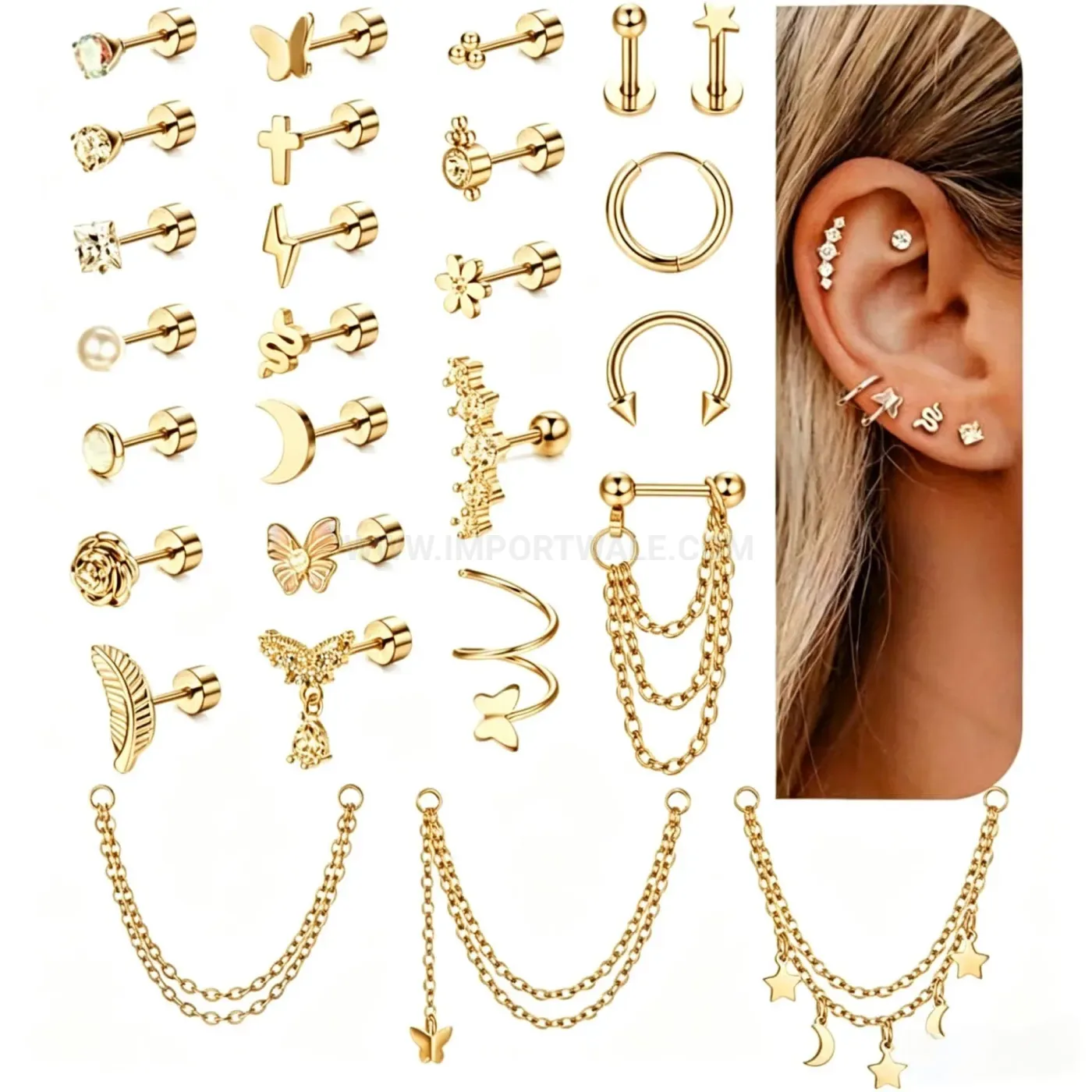 Classic Stainless Steel Rhinestone Multi-Piercing Cartilage Stud Set