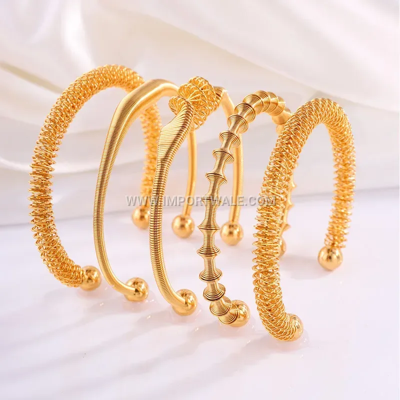 Vintage Style Gold Titanium Steel Threaded Geometric Bangle