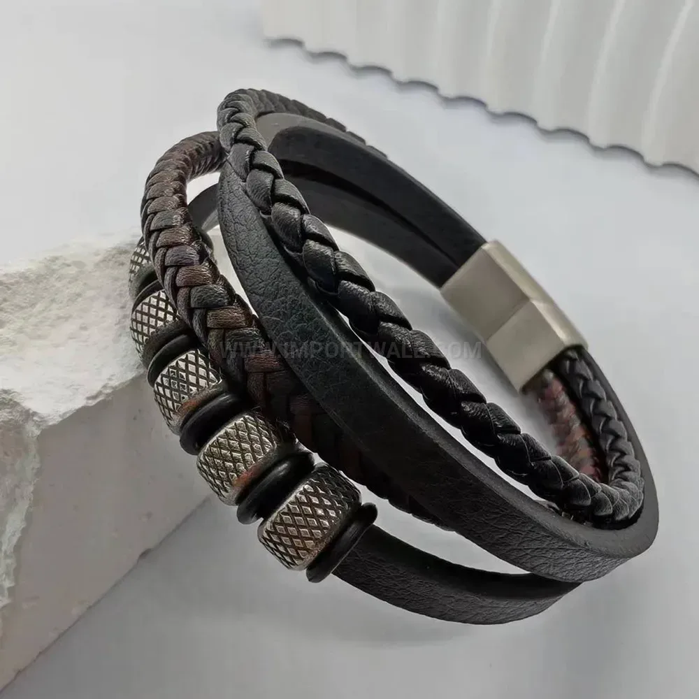 Multi-Layer Braided Microfiber Leather Bracelet with Stainless Steel