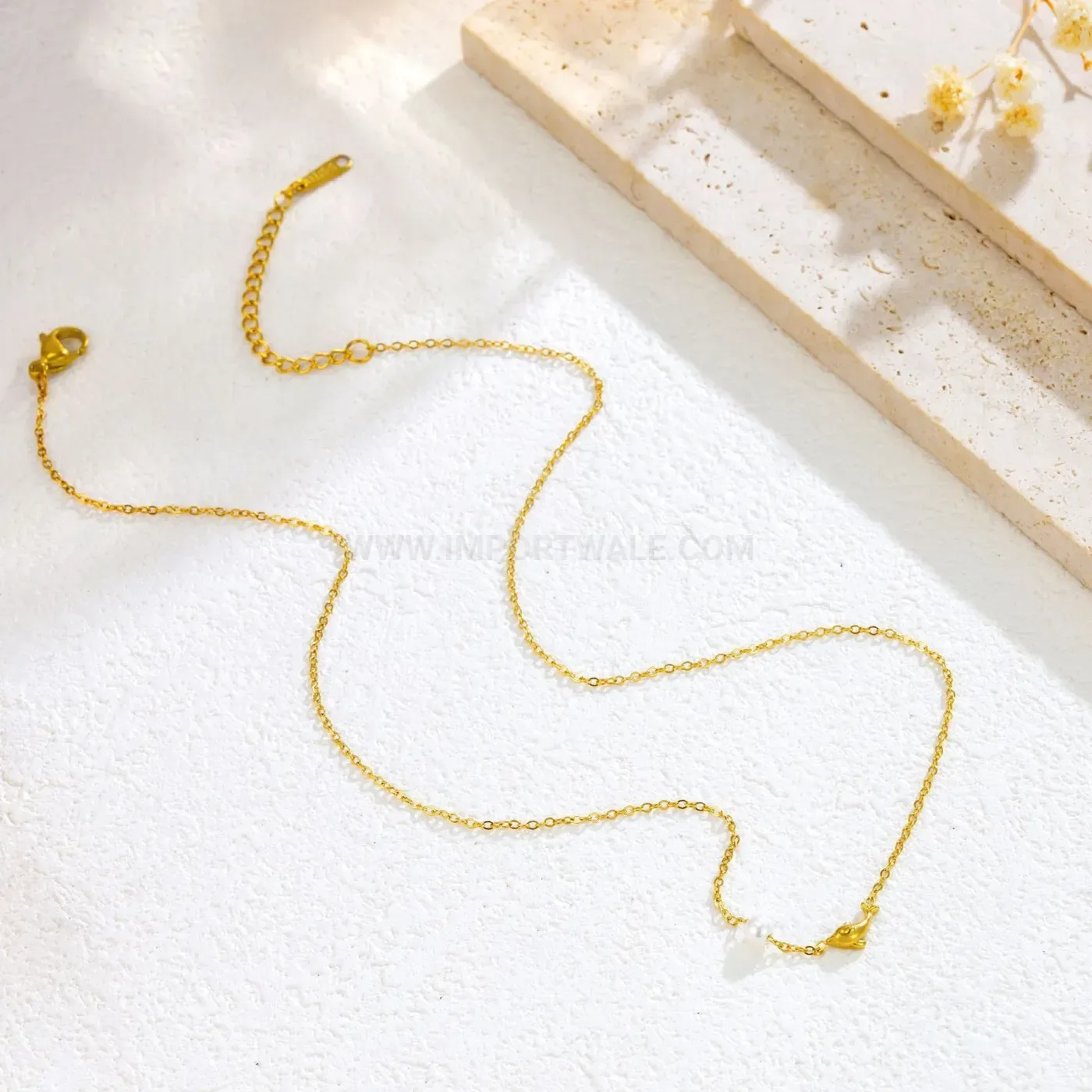 Gold Titanium Steel Dolphin Pendant Cable Chain Necklace