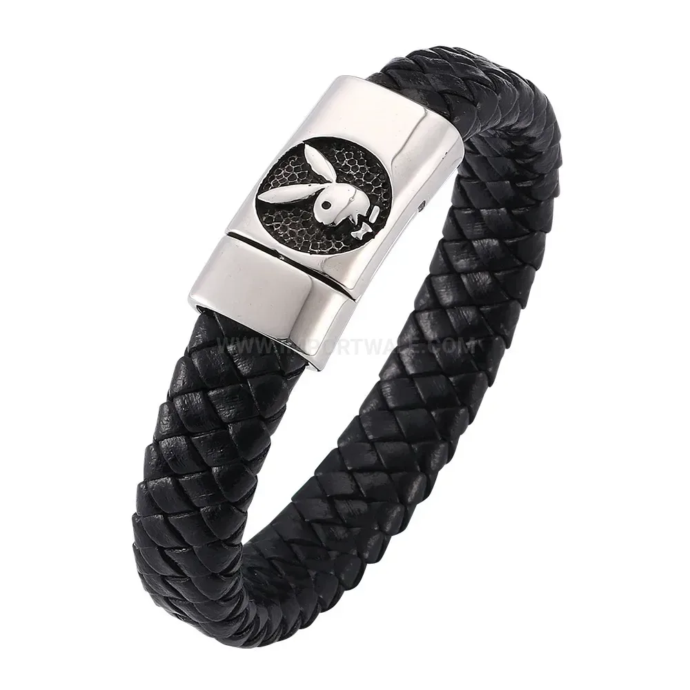 Vintage Rabbit Clasp Stainless Steel Leather Bracelet