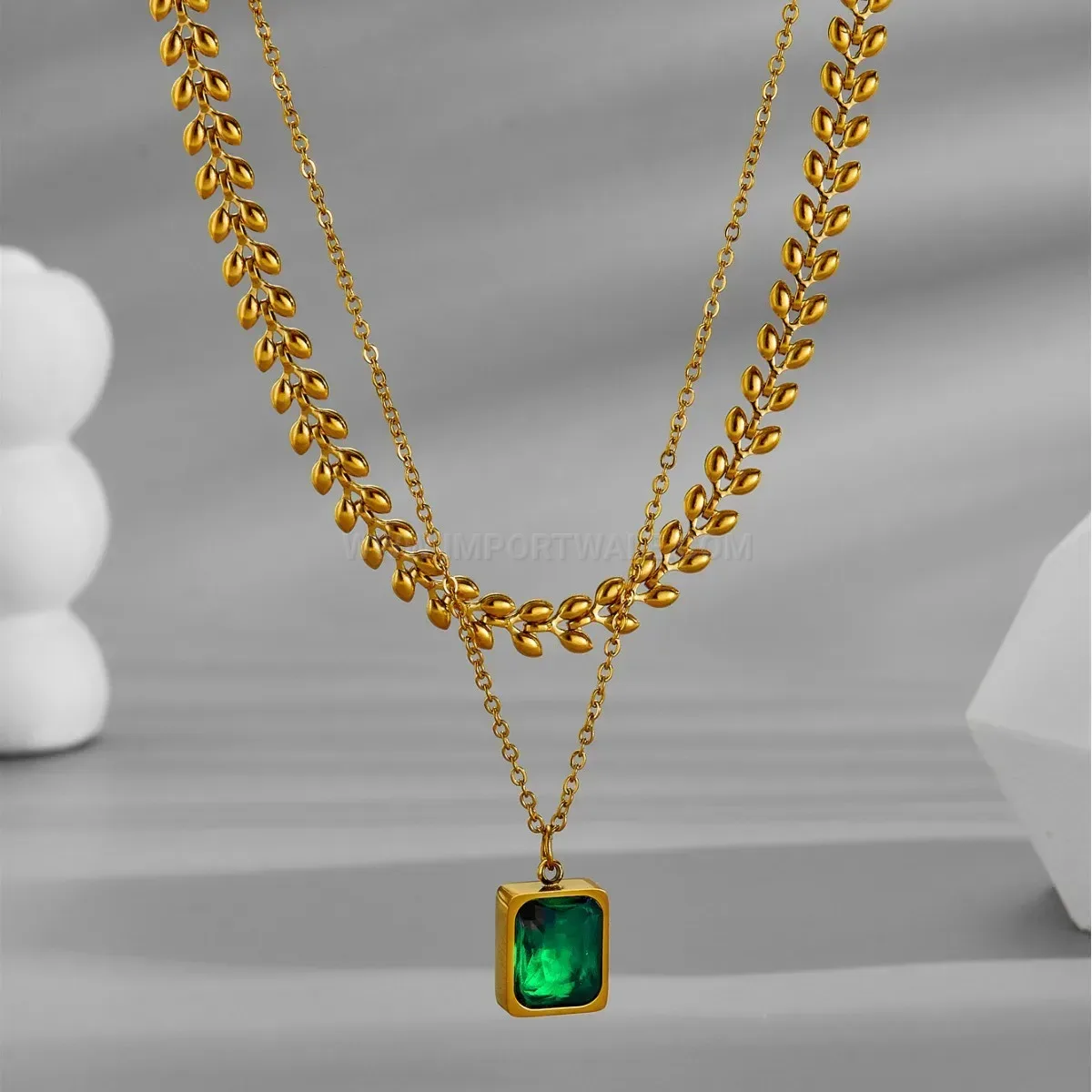 Trendy Layered Titanium Steel Emerald Zircon Pendant Necklace